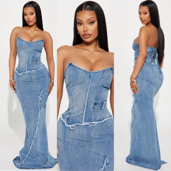 Fashion Nova Dresses & Skirts - NWT Fashion Nova Delilah Denim Maxi Dress Med Strapless Corset Bustier Stretch